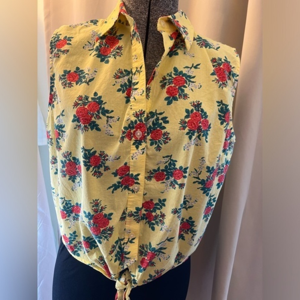 Lauren Ralph Lauren Yellow Rose Floral Cotton Crop Top Sleeveless Blouse,  Large